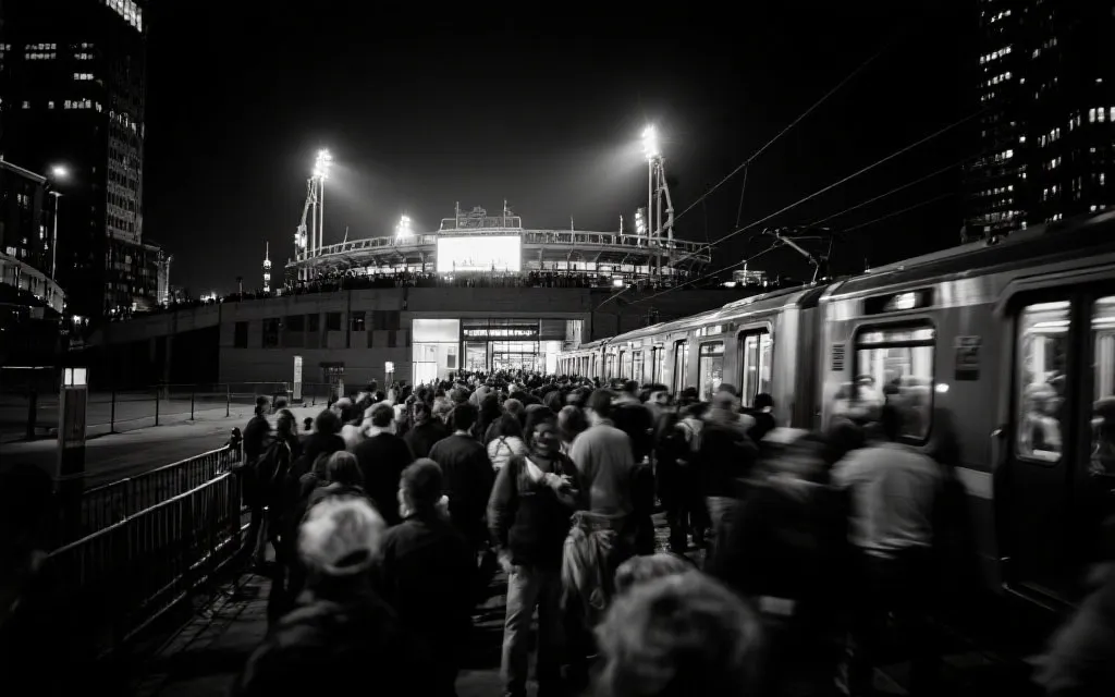 夜晚球场外的人群与城市交通线条，体现比赛日散场与通勤规划